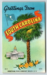 Greetings From Crescent Beach South Carolina Large Big Letter Linen Postcard