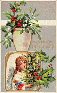 LONG HAIRED GIRL HOLD DECORATED TREE & DOLLS~BRIGHT BE YOUR CHRISTMAS POSTCARD