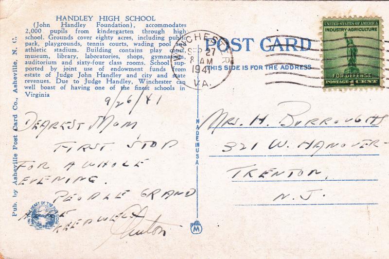 US Postcard 1941 Handley High School, Winchester, VA. 31860 W13 SC #899