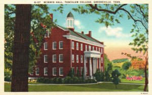 Vintage Postcard 1930's Science Hall Tusculum College Greeneville Tennessee TN