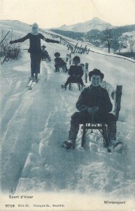 Winter sports vintage postcards Switzerland Neuchatel sledge ski bobsleigh race 