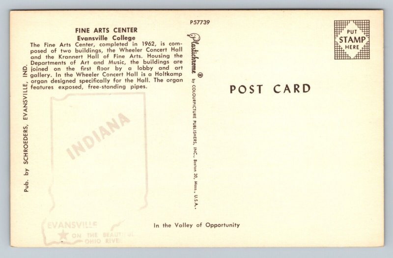 Fine Arts Center Evansville College in Indiana Vintage Postcard 0909