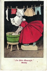 Vintage Artist Postcard: B Wall. The little Housewife Sunbonnet Girls.