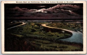 Chattanooga Tennessee TN, Moccasin Bend, Lookout Mountain, Moonlight, Postcard