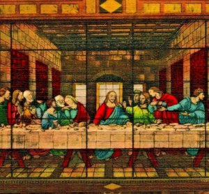 DaVinci Last Supper Window Forest Lawn Glendale CA Vtg Linen Postcard UNP 