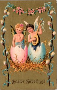 Linen Easter PC Two Butterfly Cherub Angels in Broken Colored Eggshells Music