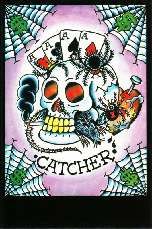 Catcher Tattoo Flash by Ed Hardy Skull Spider Dollar Money Four Aces Postcard