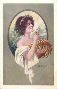 Artist vintage postcard beauty drawn lady with bananas and hair band Art Nouveau