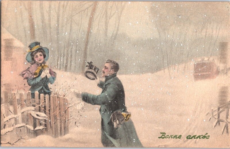 Happy New Year Romantic Couple Vienna Style Snow Vintage Postcard 09.56 