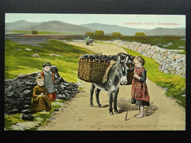Ireland IRISH BLACK TURF / PEAT Carrying Turf on Donkey - Old Postcard Valentine