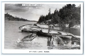 Sask. Canada RPPC Photo Postcard Giant Fishes Being Caught at Fife Lake c1920's