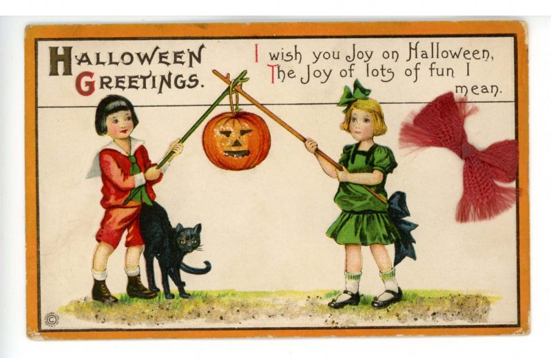 Greeting - Halloween. Jack-O-Lantern, Black Cat, Boy, Girl, Fabric Ribbon