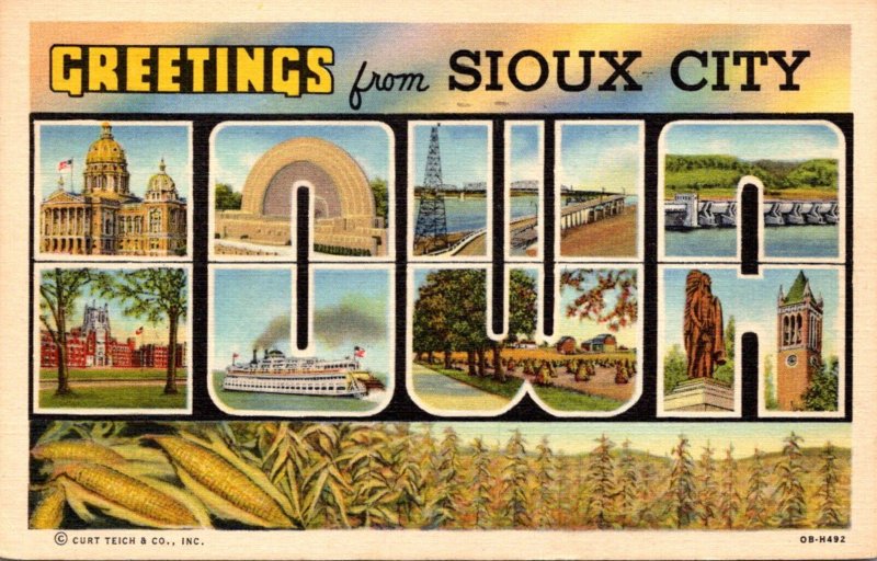 Iowa Greetings From Sioux City Large Letter Linen 1949 Curteich