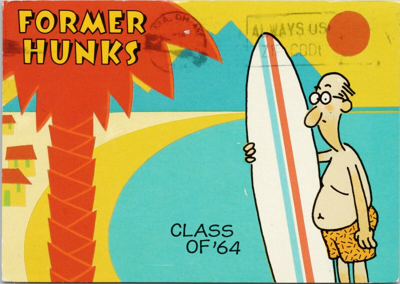 Former Hunks 'Class of 64' Surfer Surf Boar Middle Age Comic Funny Postcard C5