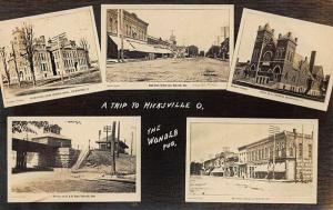 Hicksville OH B & O Railroad Station Street View Church Multi-View RPPC Postcard