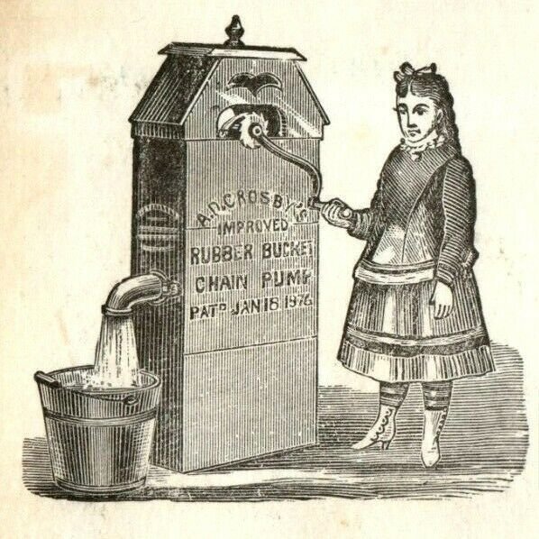 1876 A. D. Crosby's Rubber Bucket Chain Pump Engraved Victorian Trade Card F97 