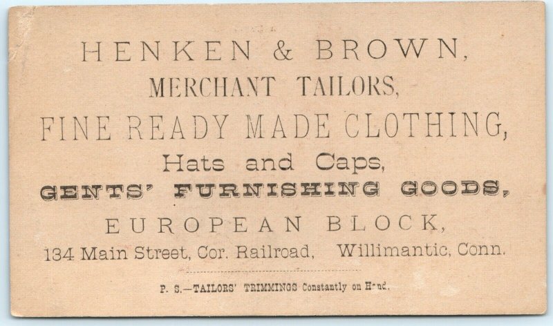 c1880s Willimantic, Conn. Henken & Brown Tailors Card Humor Man Cuts Tree C27