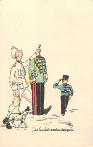 Little cadet on leave caricature military uniform humor artist postcard Hungary