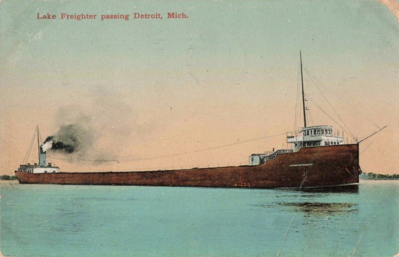 Postcard Lake Freighter Passing Detroit Michigan