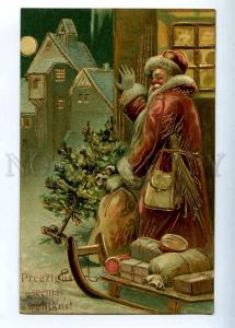 202805 Red SANTA CLAUS Sled MOON Vintage EMBOSSED NEW YEAR PC