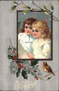 Christmas Little Girls Song Bird Portrait Picture c1910 Vintage Postcard