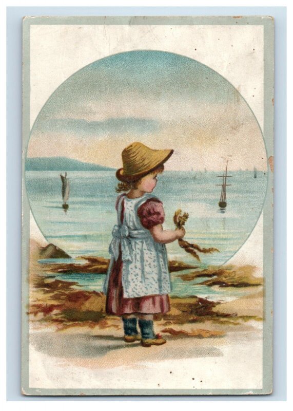 1880s Victorian Trade Card Beach Scene Adorable Girl Seaweed Sailboats F143