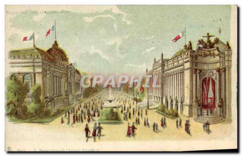 Old Postcard Fancy transparent map of Paris Perspective & # 39Avenue Nicolas II