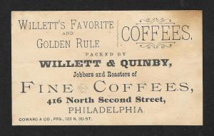 VICTORIAN TRADE CARD Willett & Quinby Coffee Time Hangs