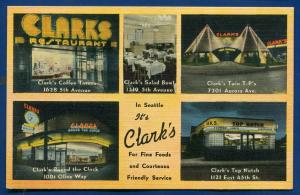 Clark's Restaurants Seattle Washington wa multi views old linen postcard