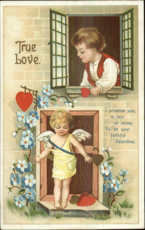 Unsigned Clapsaddle Valentine Cupid at Door Child in Window c1910 Postcard #2