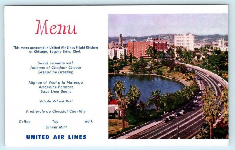 UNITED AIR LINES Menu Postcard LOS ANGELES Wilshire Blvd - Chef Ertle, Chicago