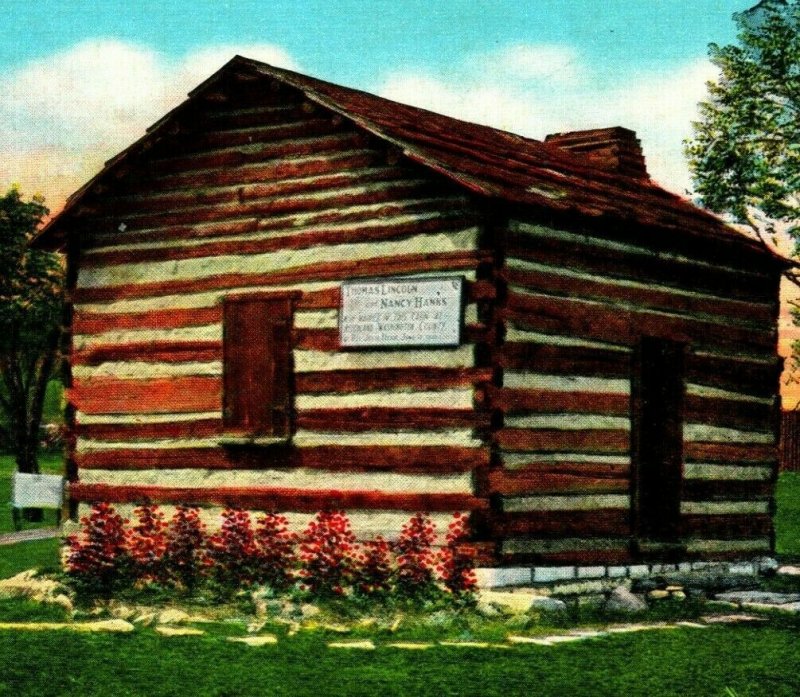 Cabin In Which Parents of Abraham Lincoln Married Old Kentucky Linen Postcard 