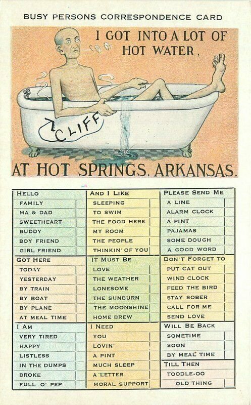 Hot Springs Arkansas Busy Person Checklist Glass Tichnor 1920s Postcard 22-3438