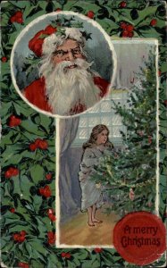 Christmas Santa Claus Girl Decorated Tree Embossed c1900s-10s Postcard