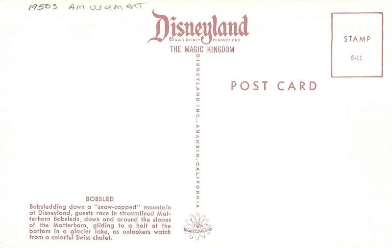 Postcard 1950s California Anaheim Disneyland amusement Bobsled 23-13297