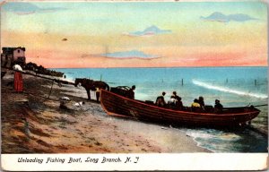 Postcard Unloading Fishing Boat on the Shore in Long Branch, New Jersey