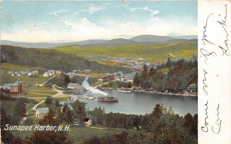 Sunapee Harbor New Hampshire~Bird's Eye View Showing Steamer on River~1906 PC