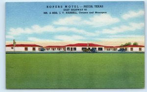 PECOS, Texas TX ~ Roadside ROPERS MOTEL c1940s Linen Reeves County Postcard