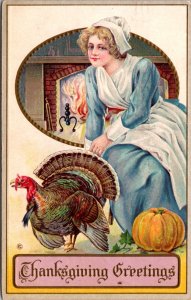 Thanksgiving Postcard Pilgrim Woman Fireplace Turkey Pumpkin