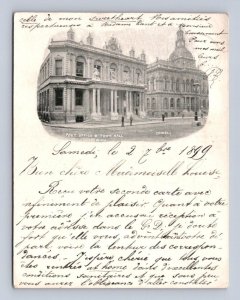 POST OFFICE TOWN HALL IPSWICH UK TO ROULERS BELGIUM COURT SIZE POSTCARD 1899