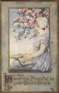 TUCK Peaceful Easter - Pretty Young Woman Reading c1910 Postcard