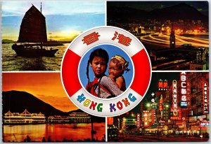 VINTAGE POSTCARD CONTINENTAL SIZE (5) MINI-SCENES OF HONG KONG LIFE MAILED 1967