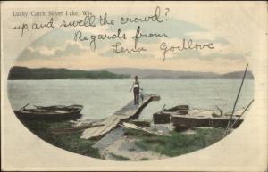 Silver Lake WI Fishing Scene c1910 Postcard - Schleisingerville Cancel