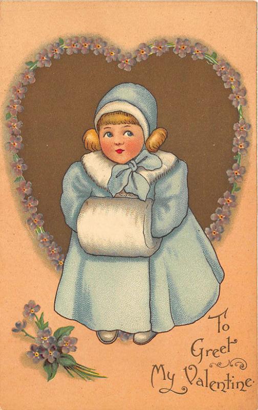 To Greet Valentines Day Blue Dressed Girl Hand Warmer Tuck #126 Postcard
