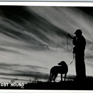 c1940s The Lost Hound RPPC Man & Dog w/ Blow Horn Night Real Photo Postcard A120