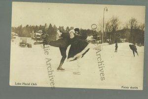 Lake Placid NEW YORK RPPC c1910 ICE SKATING Pairs Man Woman FANCY SKATING Skate