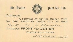 Danville California Mt Diablo American Legion 246 Meeting Notice Postcard 1934