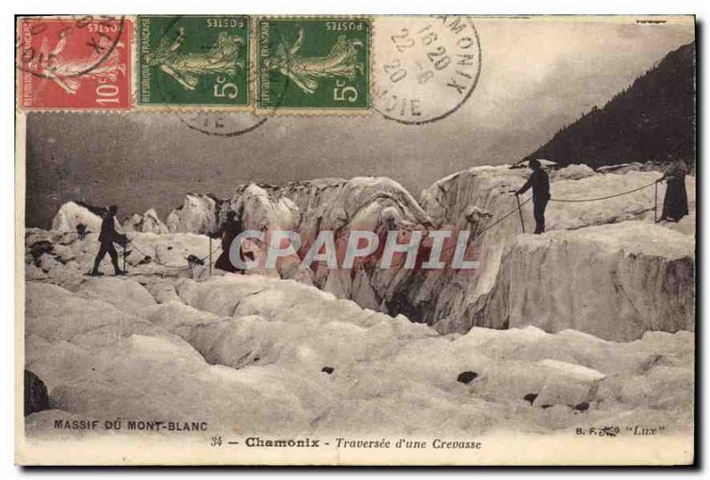 Old Postcard Chamonix Mont Blanc Traverse Climbing a Crevice