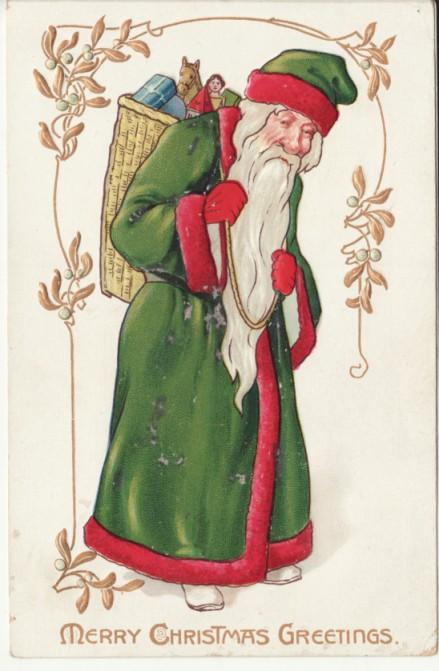 CHRISTMAS FULL SANTA in GREEN COAT toys BASKET postcard