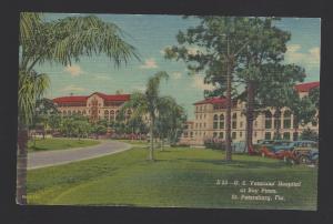 Veterans' Hospital at Bay Pines, St. Petersburg, FL. Old cars. Teich linen card